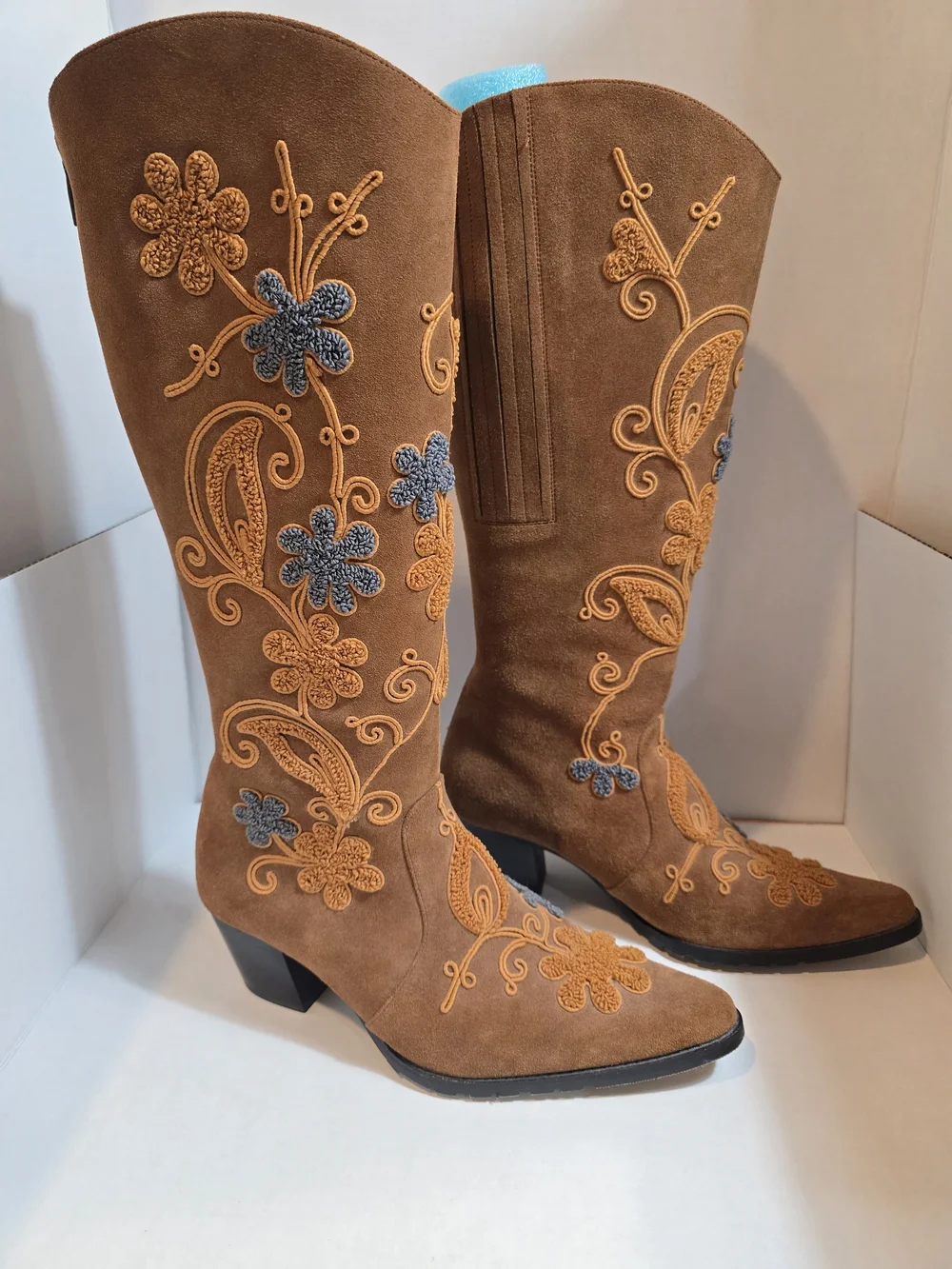 Embroidered Brown Suede Knee-High Boots